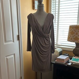 St John Couture Off The Shoulder Taupe Ruched Jersey Stretch Dress, size 10